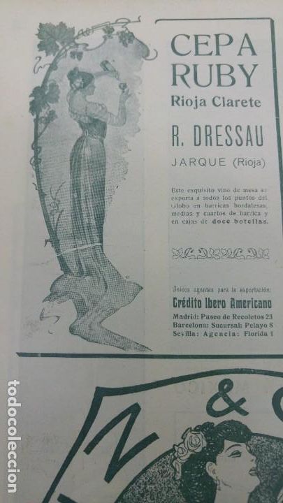 Collezionismo di affissi: VINO MESA CEPA RUBY RIOJA CLARETE R.DRESSAU JARQUE LA RIOJA HOJA A&Ntilde;O 1906