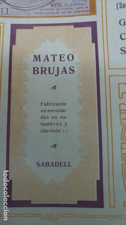 Collectionnisme d'affiches: MOISES ALGUERSUARI/ MATEO BRUJAS / CASANOVAS Y TURULL FABRICAS SABADELL HILADOS NOVEDADES HOJA 1905