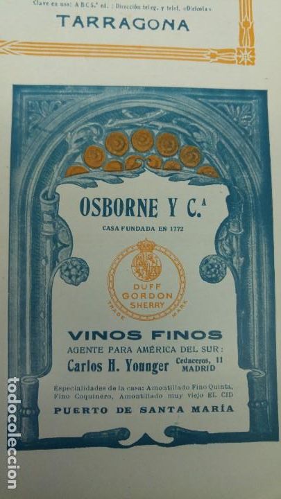 Sammeln von Plakaten: VINOS FINOS OSBORNE Y C&ordf; PUERTO DE SANTA MARIA AMONTILLADO EL CID FINO QUINTA HOJA A&Ntilde;O 1920
