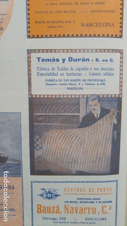 Sammeln von Plakaten: FABRICA DE TEJIDOS DE ALGODON Y SUS MEZCLAS -TOMAS Y DURAN-ESPECIALIDAD FANTASIA BARCELONA HOJA 1920