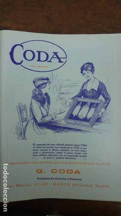 Collectionnisme d'affiches: FABRICAS DE JOYERIA Y PLATERIA -G.CODA- MAHON MENORCA BALEARES BOLSAS MANUFACTURAS HOJA A&Ntilde;O 1920