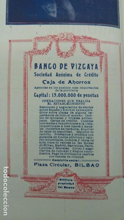 Collectionnisme d'affiches: BANCO DE VIZCAYA SOCIEDAD ANONIMA DE CREDITO CAJA DE AHORROS BILBAO HOJA A&Ntilde;O 1920