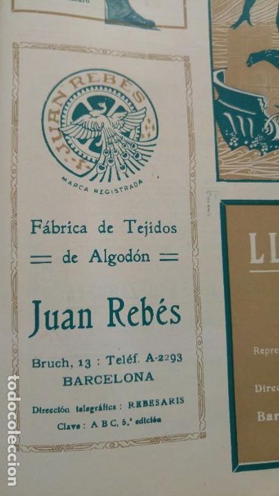 Sammeln von Plakaten: FABRICA DE TEJIDOS DE ALGODON -JUAN REBES- MARCA REGISTRADA BARCELONA HOJA A&Ntilde;O 1920