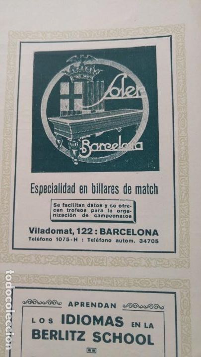 Collezionismo di affissi: ESPECIALIDAD EN BILLARES DE MATCH -SOLER-BARCELONA HOJA REVISTA A&Ntilde;O 1928