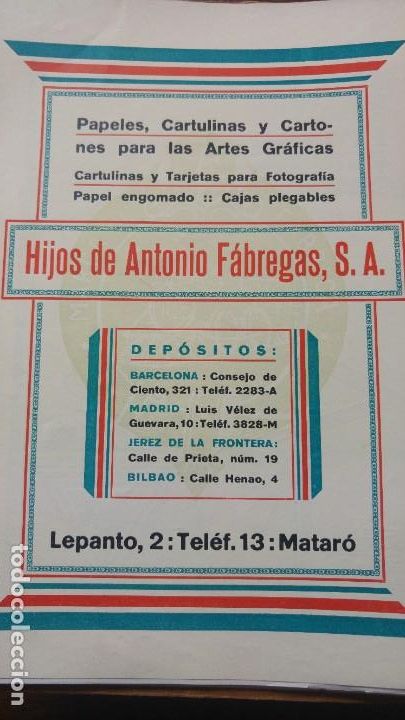 Collezionismo di affissi: PAPELES CARTULINAS Y CARTONES PARA ARTES GRAFICAS HIJOS ANTONIO FABREGAS S.A. MATARO HOJA A&Ntilde;O 1928
