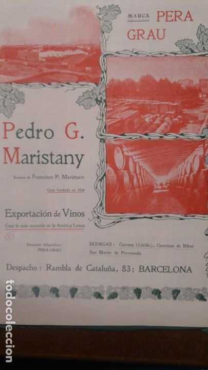 Collezionismo di affissi: EXPORTACION VINOS -PEDRO G.MARISTANY - MARCA PERA GRAU BODEGAS CERVERA LERIDA HOJA A&Ntilde;O 1903