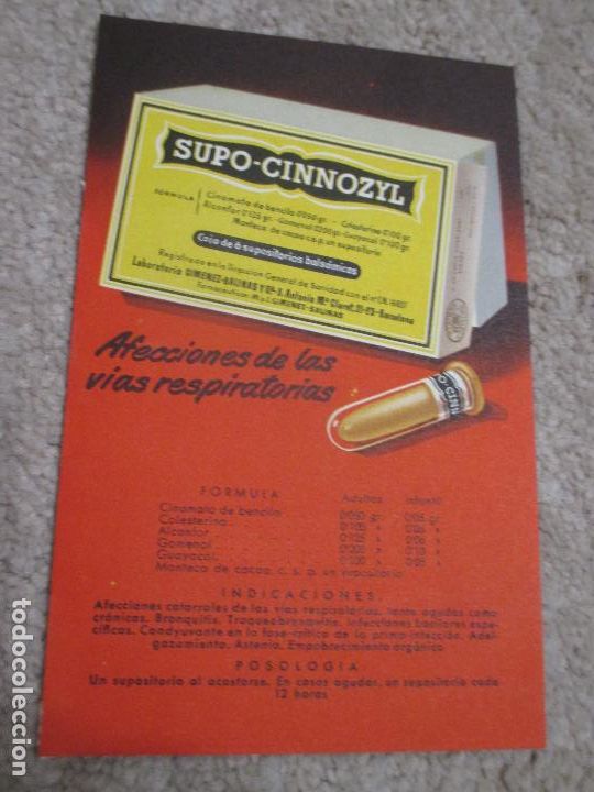 Collectionnisme d'affiches: Farmacia. Publicidad Farmac&eacute;utica Supo - Cinnozyl Laboratorio Gim&eacute;nez-Salinas 10x15,6 cms A&ntilde;os 40