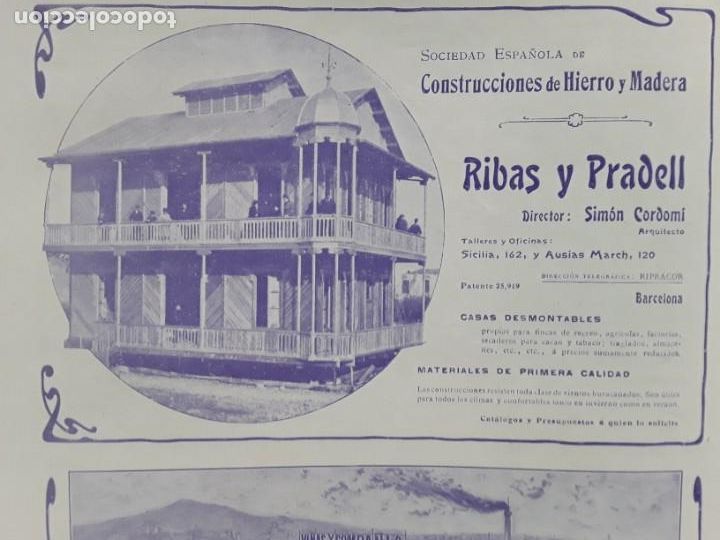 Collezionismo di affissi: CONSTRUCCIONES DE HIERRO Y MADERA RIBAS Y PRADELL BARCELO A CASAS DESMONTABLES HOJA REVISTA A&Ntilde;O 1903