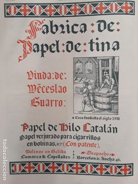 Collezionismo di affissi: FABRICA DE PAPEL DE TINA VIUDA DE WECESLAO GUARRO PAPEL HILO CATALAN GELIDA BARCELONA HOJA A&Ntilde;O 1902