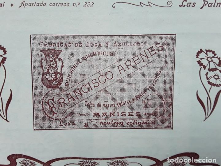 Colecionismo de cartazes: FABRICA DE LOZA Y AZULEJOS ORDINARIOS FRANCISCO ARENES MANISES TEJAS SANTOS HOJA A&Ntilde;O 1903