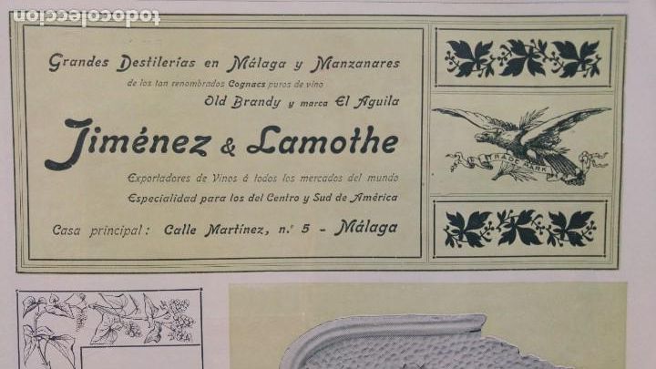 Collezionismo di affissi: GRANDES DESTILERIAS MALAGA Y MANZANARES JIMENEZ & LAMOTHE COGNACS EL AGUILA OLD BRANDY HOJA A&Ntilde;O 1903