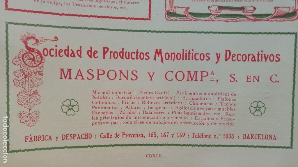 Sammeln von Plakaten: SOCIEDAD PRODUCTOS MONOLITICOS DECORATIVOS -MASPONS Y C&ordf; - BARCELONA MARMOL PIEDRA HOJA A&Ntilde;O 1910