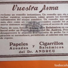 Coleccionismo de carteles: PUBLICIDAD 1929 - COLECCION MEDICINAS FARMACIA ASMA DR. ANDREU PAPELES AZOADOS - TAMAÑO 26 X 14 CM.. Lote 204775446