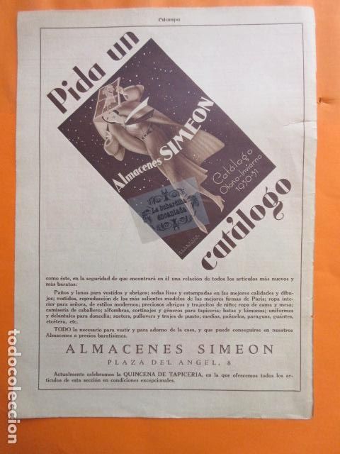 Coleccionismo de carteles: PUBLICIDAD 1930 - ALMACENES SIMEON PLAZA DEL ANGEL 8 MADRID - TAMA&Ntilde;O 26 x 35 CM.