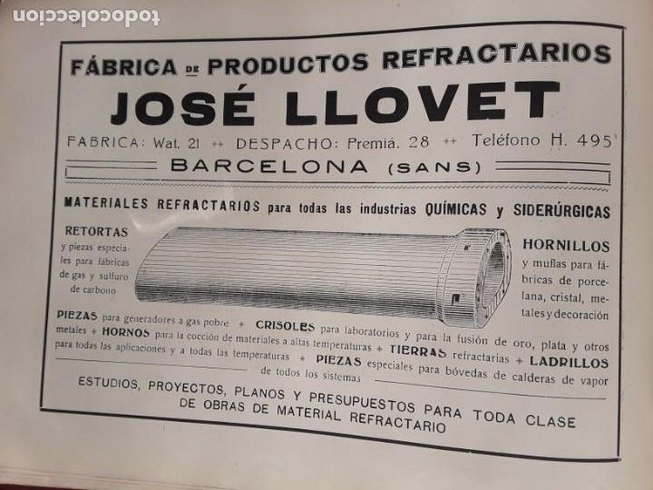 Sammeln von Plakaten: FABRICA DE PRODUCTOS REFRACTARIOS JOSE LLOVET INDUSTRIAS QUIMICAS SIDERURGICAS BARCELONA A&Ntilde;O 1919