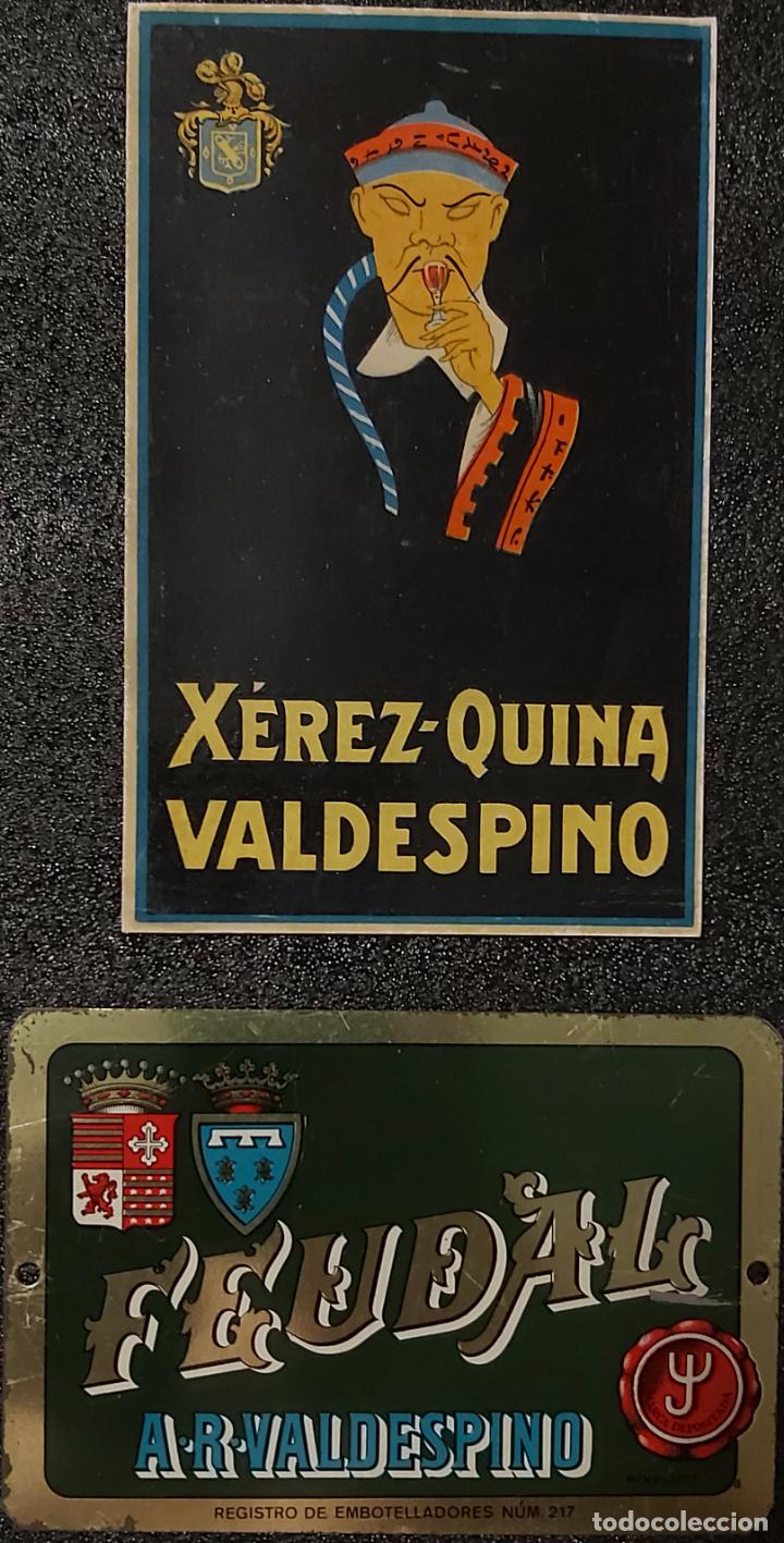 Coleccionismo de carteles: AD-VALDESPINO. Antiguo lote placa met&aacute;lica y cartel peque&ntilde;o.