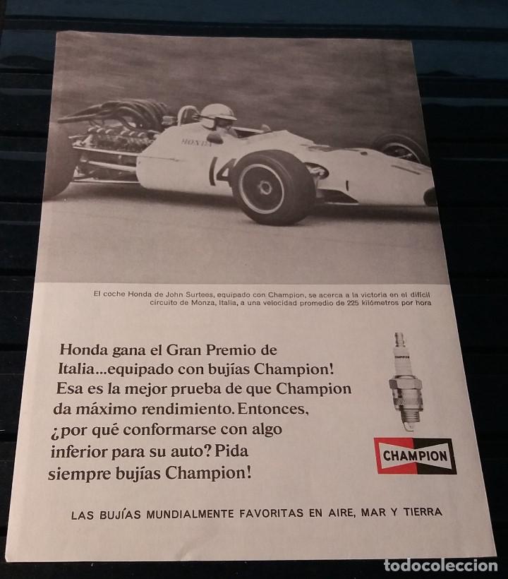 Coleccionismo de carteles: Hoja Publicidad. El Honda de John Surtees usa bujias CHAMPION. (READER&acute;S DIGEST 1968)