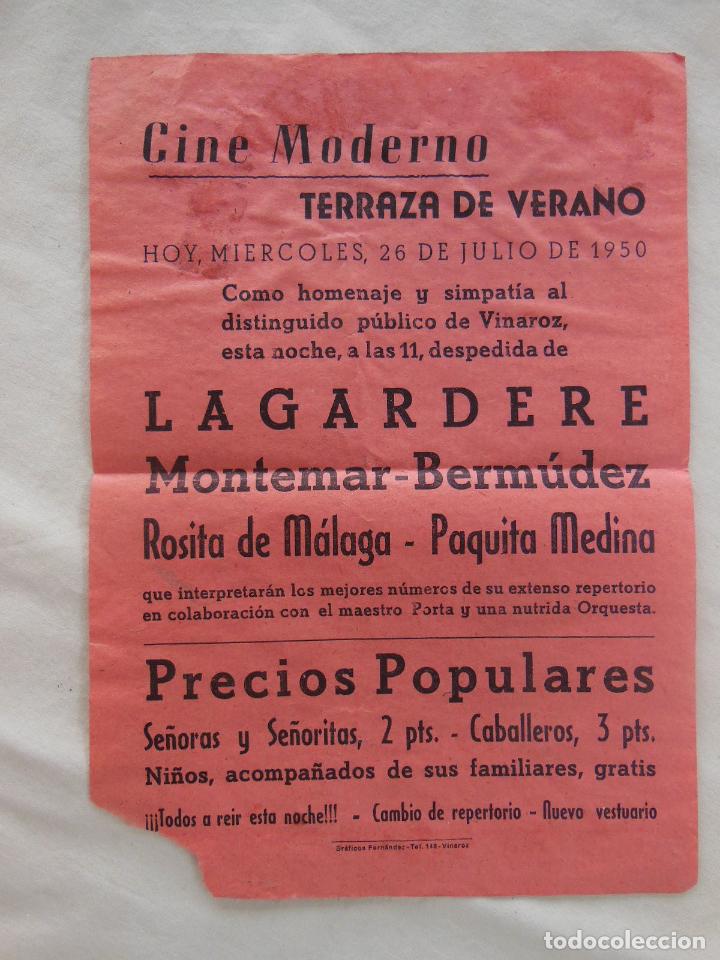 Coleccionismo de carteles: LAGARDERE, MONTEMAR-BERM&Uacute;DEZ, ROSITA DE M&Aacute;LAGA - PAQUITA MEDINA. VINAROZ. 1950. CINE MODERNO