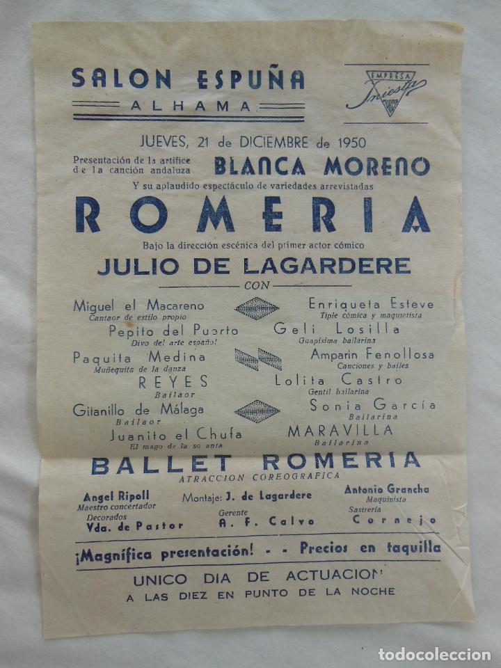 Coleccionismo de carteles: ROMERIA, BLANCA MORENO, JULIO LAGARDERE, &hellip;1950 ALHAMA
