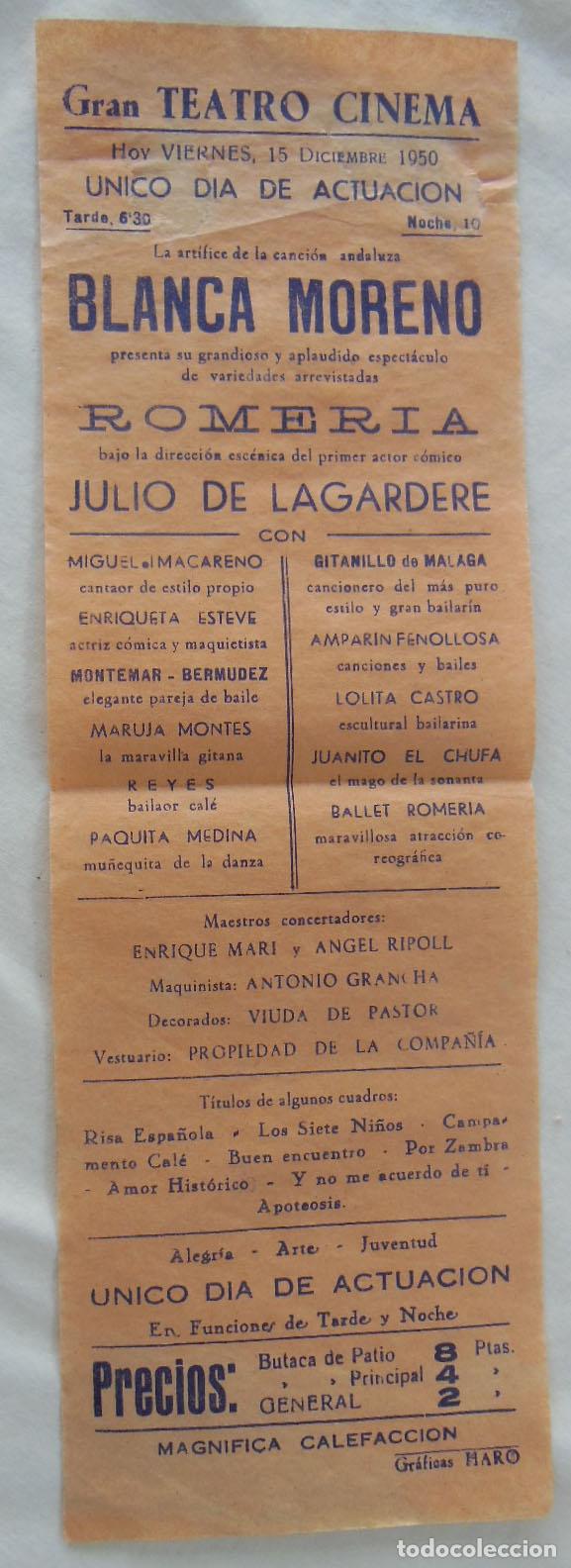 Coleccionismo de carteles: ROMERIA, BLANCA MORENO, JULIO LAGARDERE. 1950 CARAVACA