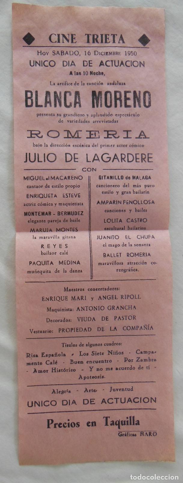 Coleccionismo de carteles: ROMERIA, BLANCA MORENO, JULIO LAGARDERE. 1950 CARAVACA.