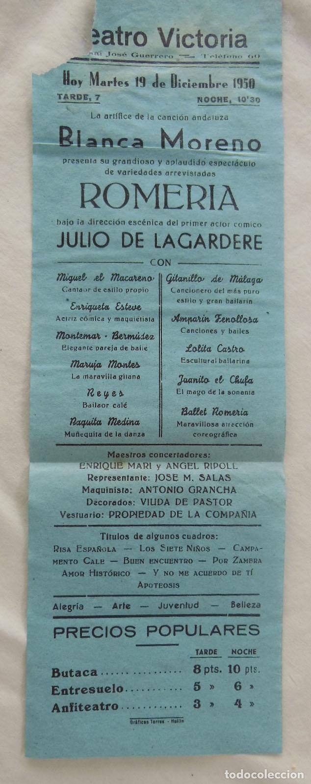 Coleccionismo de carteles: ROMERIA : Blanca Moreno, Julio de Lagardere. 1950 MELILLA. TEATRO VICTORIA