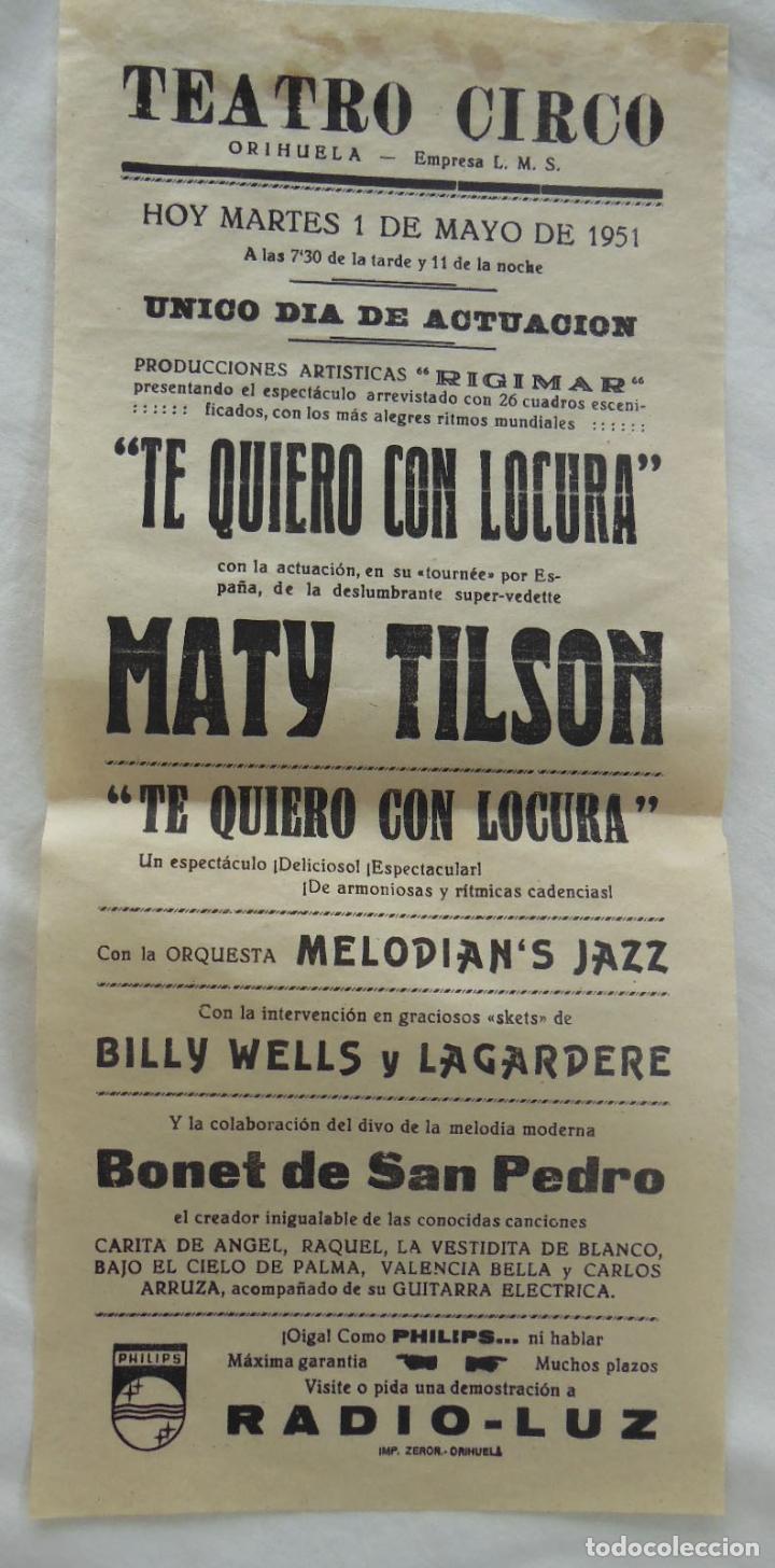 Coleccionismo de carteles: TE QUIERO CON LOCURA. MATY TILSON. 1951. ORIHUELA.