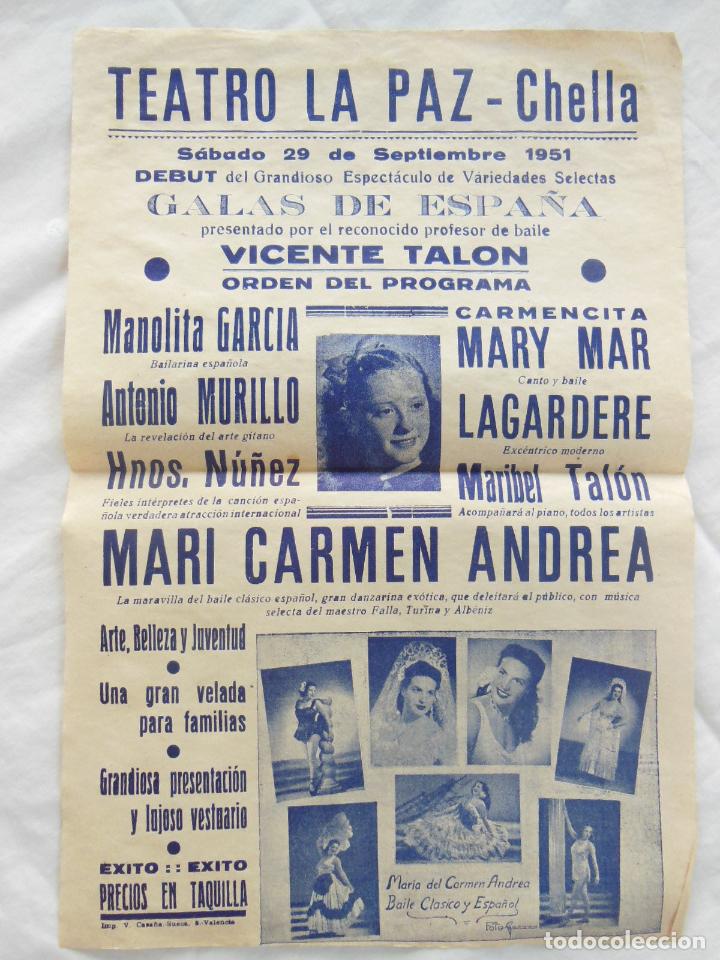 Collezionismo di affissi: GALAS DE ESPA&Ntilde;A. Mari Carmen Andrea. 1951 TEATRO LA PAZ, CHELLA