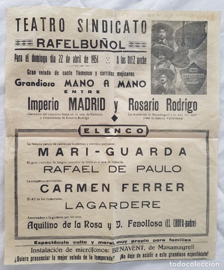 Collezionismo di affissi: Imperio Madrid y Rosario Rodrigo. 1951 TEATRO SINDICATO, RAFELBU&Ntilde;OL