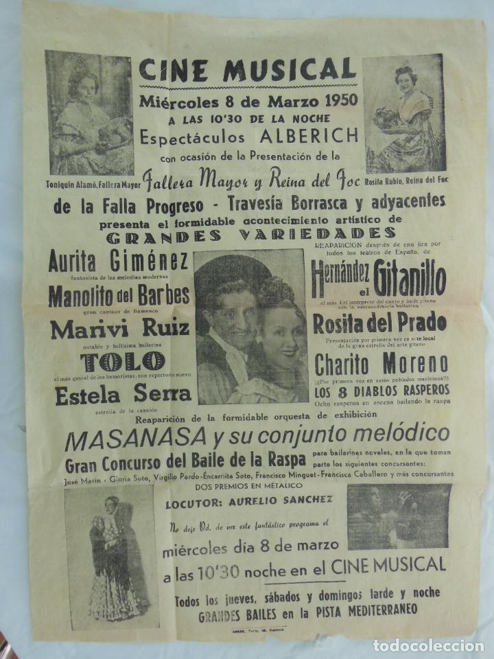 Collezionismo di affissi: PRESENTACI&Oacute;N FALLERA MAYOR Y REINA FOC 1950 Falla Progreso -Traves&iacute;a Borrasca. CINE MUSICAL Valencia