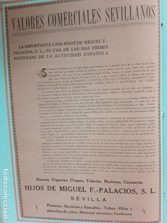 Sammeln von Plakaten: CASA HIJOS MIGUEL F. - PALACIOS S.L. HIERROS TUBERIAS PINTURA MADERAS CHAPAS SEVILLA HOJA A&Ntilde;O 1927