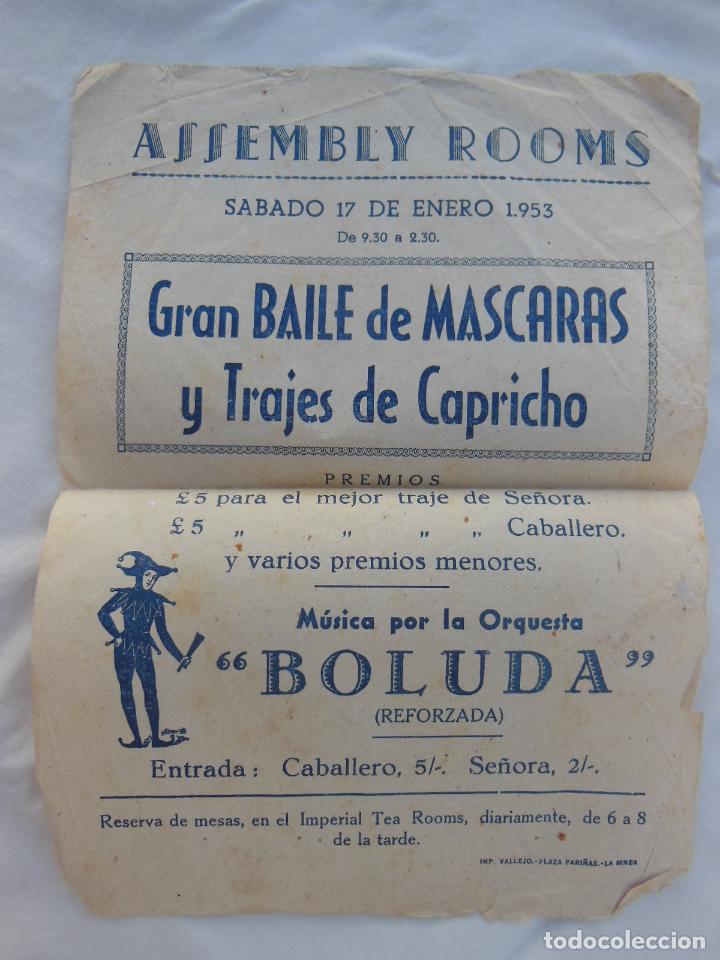 Colecionismo de cartazes: GRAN BAILE DE MASCARAS Y TRAJES DE CAPRICHO. GIBRALTAR 1953. ASSEMBLY ROOMS. Orquesta Boluda