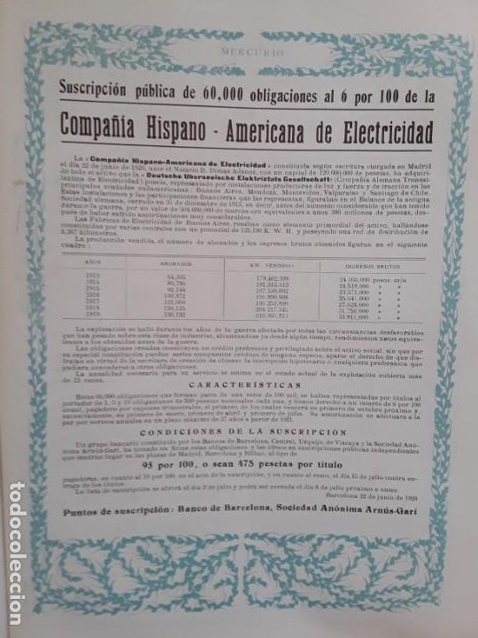 Colecionismo de cartazes: COMPA&Ntilde;IA HISPANO-AMERICANA DE ELECTRICIDAD SUSCRIPCION PUBLICA 60.000 OBLIGACIONES HOJA A&Ntilde;O 1920