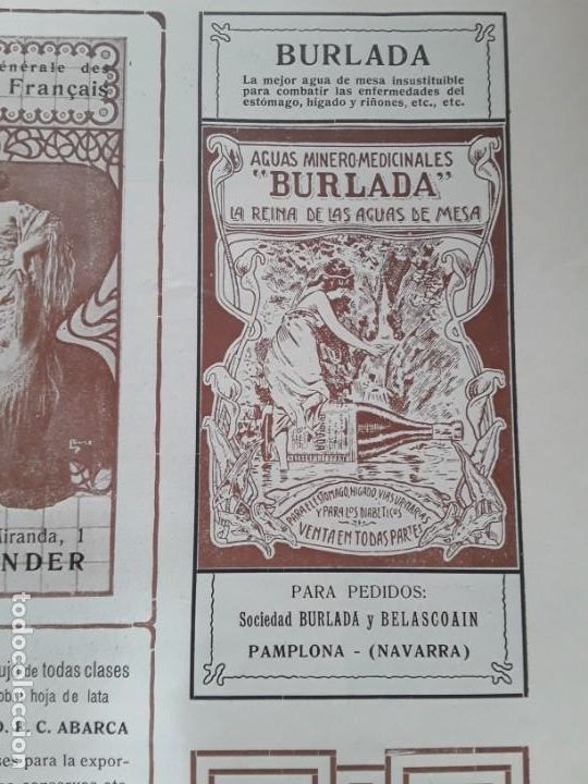 Poster collecting: AGUAS MINERO-MEDICINALES BURLADA.LA REINA DE LAS AGUAS DE MESA BELASCOIN PAMPLONA HOJA A&Ntilde;O 1907