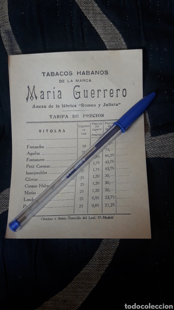 Coleccionismo de carteles: Antiguo Cartel de precios, Tabacos Habanos de la Marca Maria Guerrero