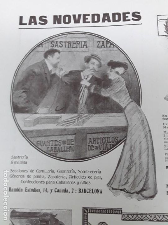 Colecionismo de cartazes: SASTRERIA A MEDIDA LAS NOVEDADES CAMISERIA ZAPATERIA GUANTERIA BARCELONA HOJA A&Ntilde;O 1909