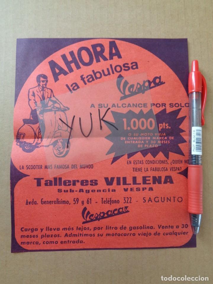 Coleccionismo de carteles: PRECIOSO cartel / pasquin publicitario de VESPA de talleres villena de 1964 en Sagunto - Original