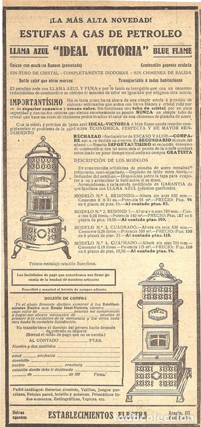Coleccionismo de carteles: 1923 HOJA REVISTA PUBLICIDAD ANUNCIO DE PRENSA ESTUFAS A GAS DE PETR&Oacute;LEO LLAMA AZUL 'IDEAL VICTORIA