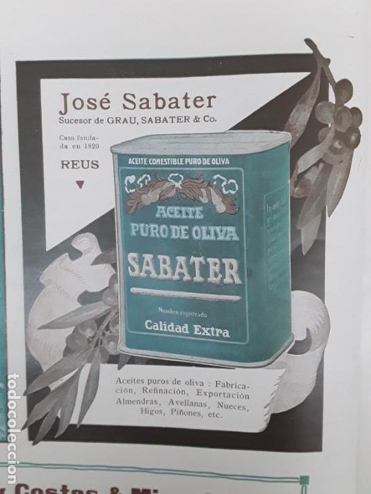 Colecionismo de cartazes: ACEITE PURO DE OLIVA JOSE SABATER REUS SUCESOR GRAU,SABATER & C&ordf; HOJA A&Ntilde;O 1932