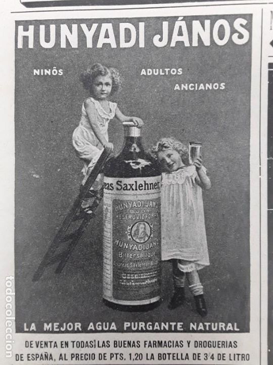 Collezionismo di affissi: HUNYADI JANOS LA MEJOR AGUA PURGANTE NATURAL VENTA FARMACIAS DROGUERIAS HOJA REVISTA 1907