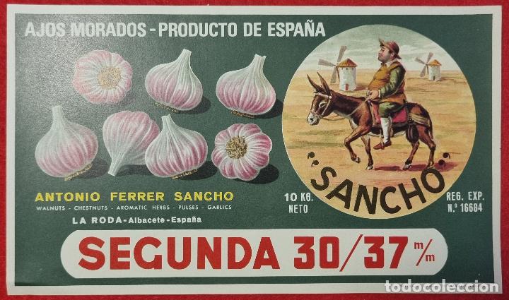 Coleccionismo de carteles: CARTEL ITO ETIQUETA AJOS SANCHO TEMA QUIJOTE SEGUNDA ANTONIO FERRER LA RODA ALBACETE ORIGINAL K7