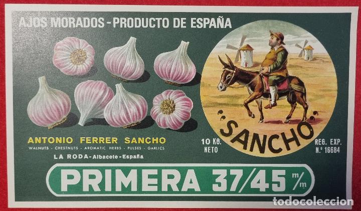 Poster collecting: CARTEL ITO ETIQUETA AJOS SANCHO TEMA QUIJOTE PRIMERA ANTONIO FERRER LA RODA ALBACETE ORIGINAL K7
