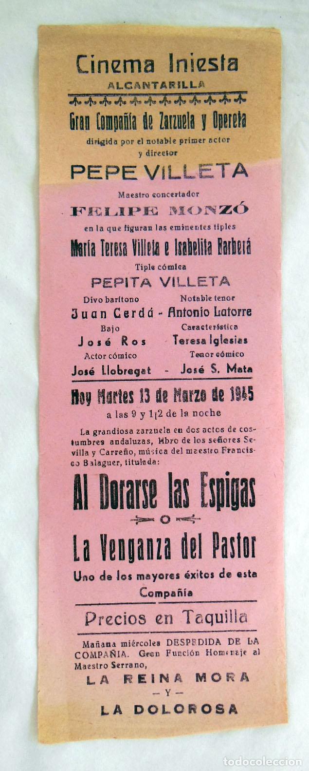 Coleccionismo de carteles: AL DORARSE LAS ESPIGAS, LA VENGANZA DEL PASTOR. ALCANTARILLA 1945. PEPE VILLETA