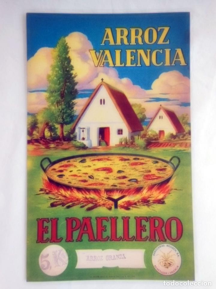 Coleccionismo de carteles: ARROZ VALENCIA, EL PAELLERO. Arroz Granza. 1959 ARROCERIAS BELLOCH. 15x24 cm