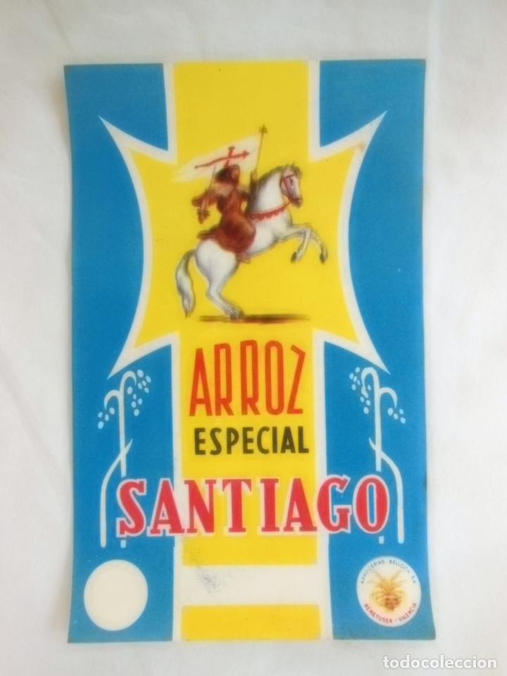 Coleccionismo de carteles: ARROZ ESPECIAL SANTIAGO. ARROCERIAS BELLOCH. 10x16 cm