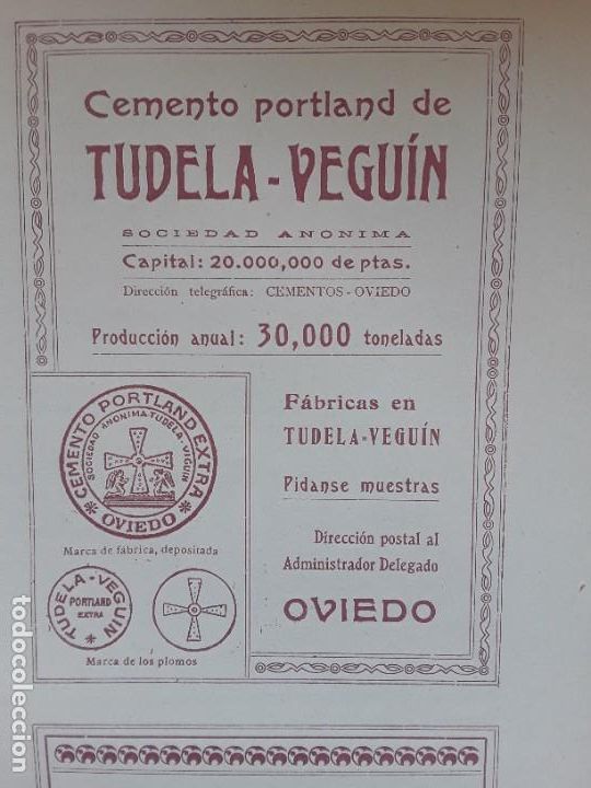 Colecionismo de cartazes: CEMENTO PORTLAND DE TUDELA-VEGIN OVIEDO MARCA DE LOS PLOMOS HOJA A&Ntilde;O 1909