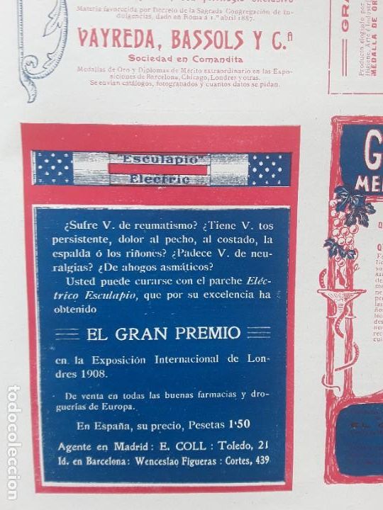 Collectionnisme d'affiches: PARCHE ELECTRICO ESCULAPIO REUNATISMO NEURALGIAS AHOGOS ASMATICOS DOLOR PECHO HOJA A&Ntilde;O 1909