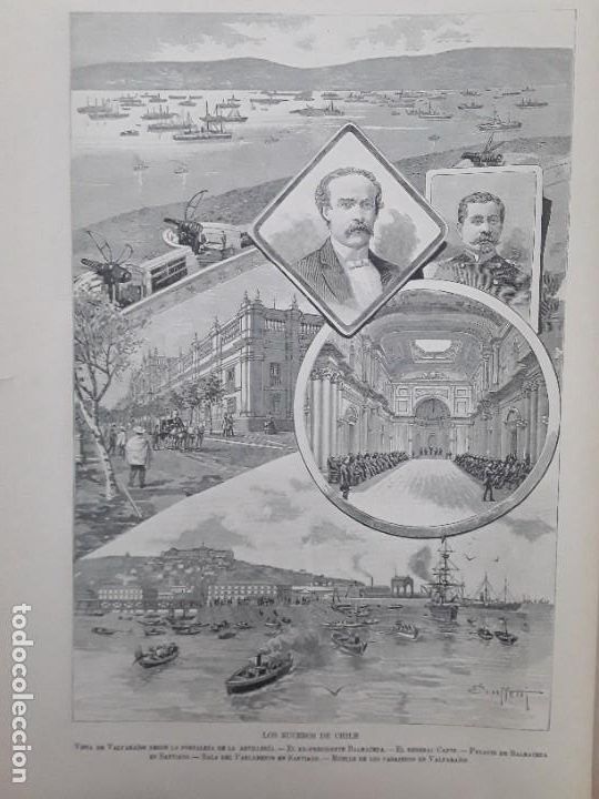 Coleccionismo de carteles: LOS SUCESOS DE CHILE VALPARAISO BALMACEDA GENERAL CANTO MUELLE PASAJEROS 2 HOJAS A&Ntilde;O 1891