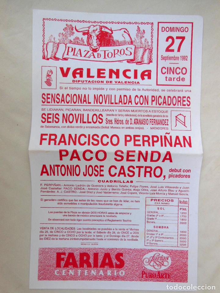 Coleccionismo de carteles: NOVILLADA CON PICADORES: Francisco PERPI&Ntilde;AN, Paco SENDA, Antonio Jos&eacute; CASTRO. VALENCIA. 1992