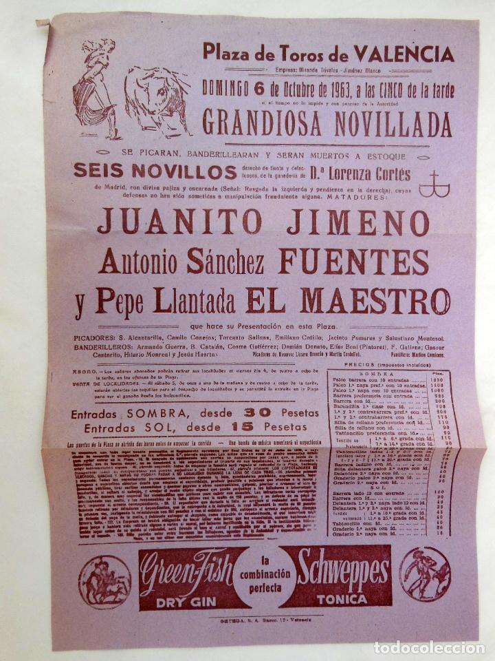 Coleccionismo de carteles: VALENCIA, NOVILLADA 1963. Juanito JIMENO, Antonio S&aacute;nchez FUENTES, Pepe Llantada EL MAESTRO